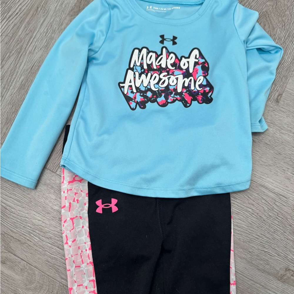 Under Armour Aqua Blue Pullover & Black Leggings Set with Pink Accents
